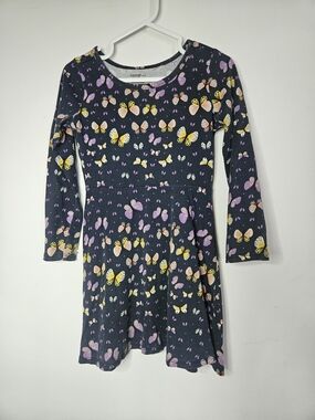 GEORGE Girls Long Sleeve Butterfly Print Cotton Dress Size 4 5T Black Casual🩷